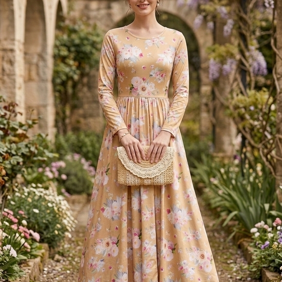 JessaKae Dresses & Skirts - JessaKae Beige Floral Long Sleeve Maxi Dress with Pink Accents